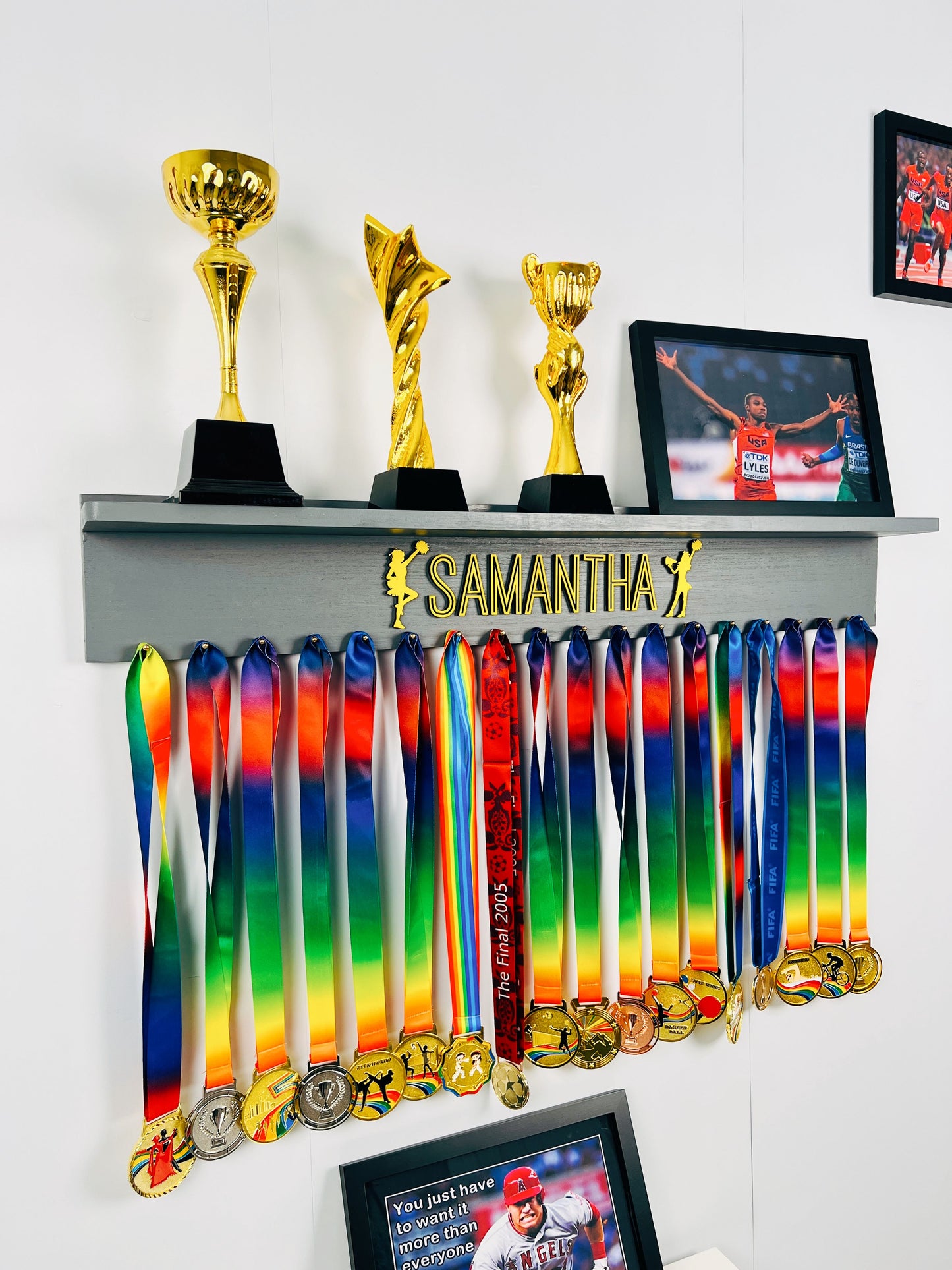 Personalized Wooden Medal Hanger  Display With Trophy Shelf