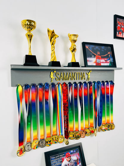 Personalized Wooden Medal Hanger  Display With Trophy Shelf