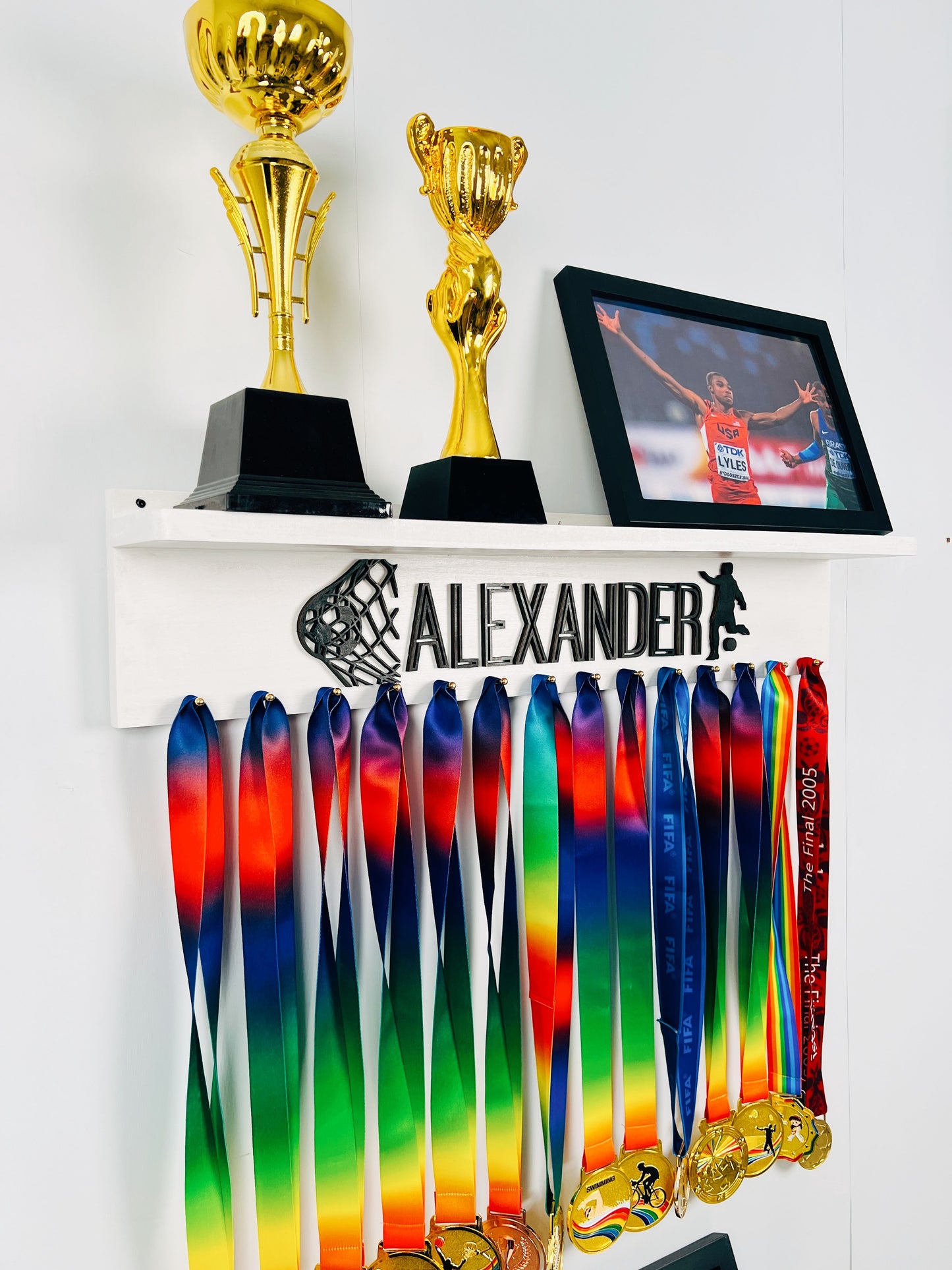 Personalized Wooden Medal Hanger  Display With Trophy Shelf