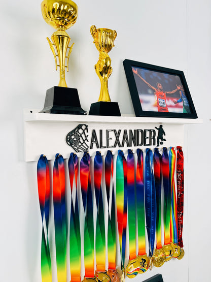 Personalized Wooden Medal Hanger  Display With Trophy Shelf