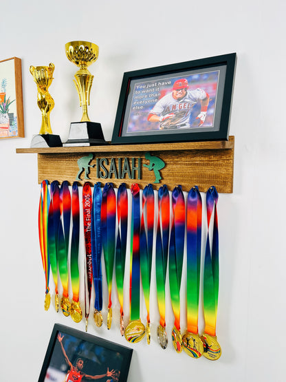 Personalized Wooden Medal Hanger  Display With Trophy Shelf