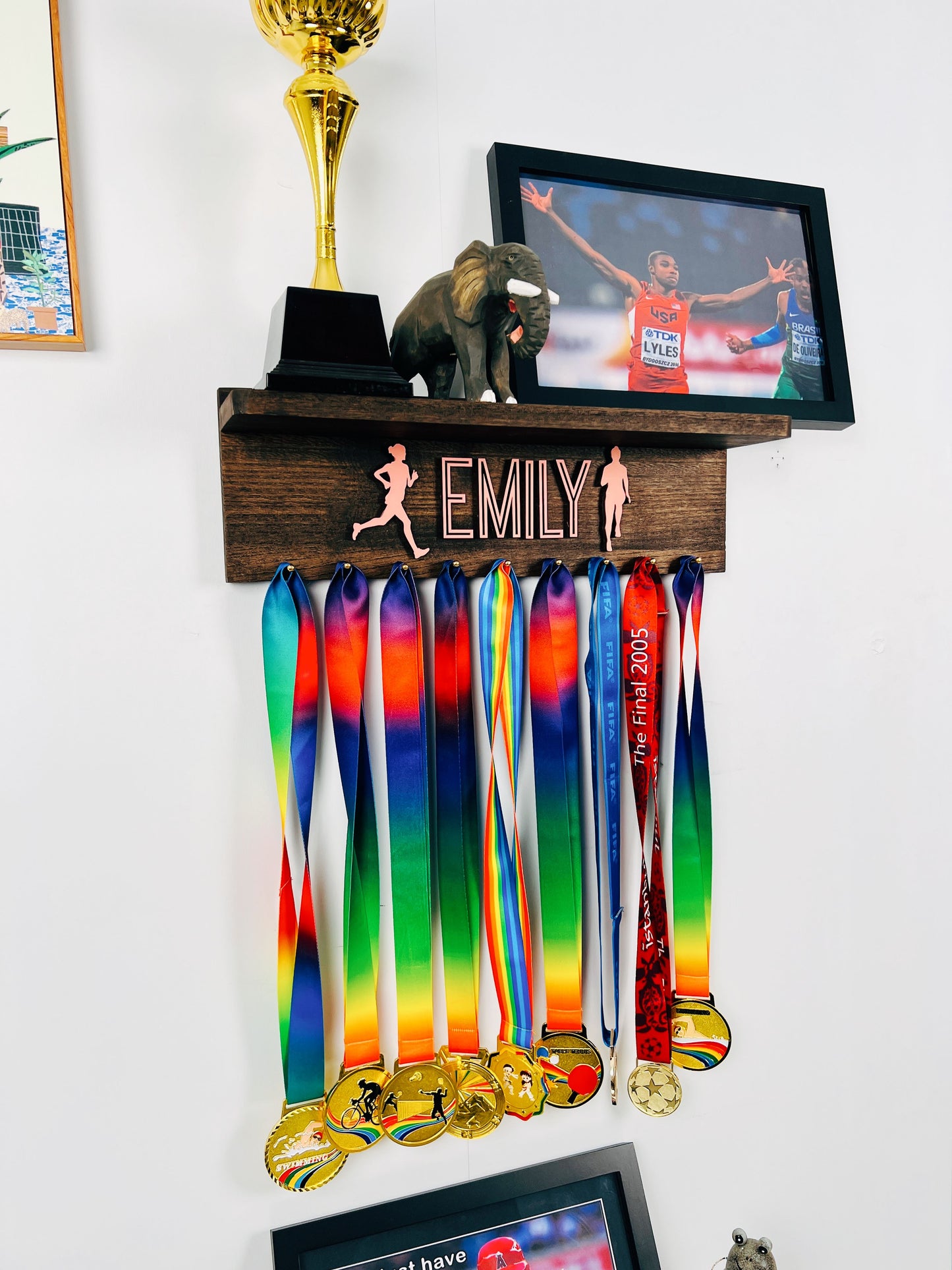 Personalized Wooden Medal Hanger  Display With Trophy Shelf