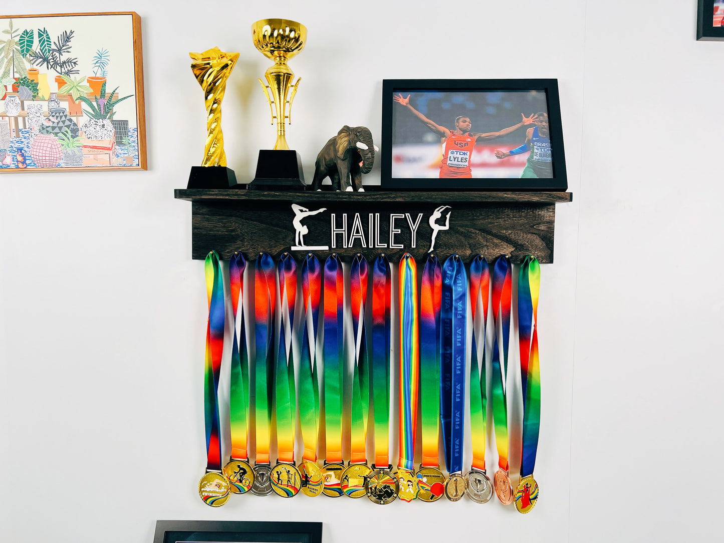 Personalized Wooden Medal Hanger  Display With Trophy Shelf
