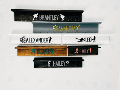 Personalized Wooden Medal Hanger  Display With Trophy Shelf