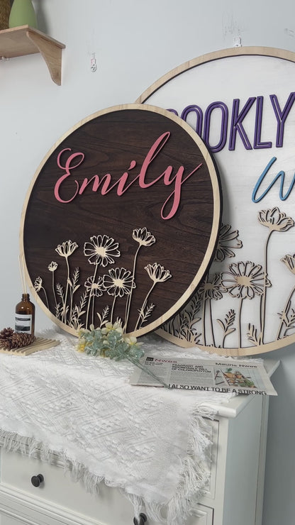 Round Wildflower 3D Wooden Name Sign