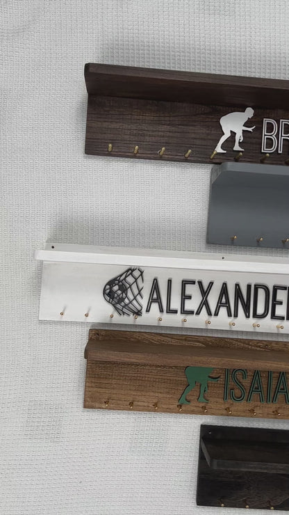Personalized Wooden Medal Hanger  Display With Trophy Shelf